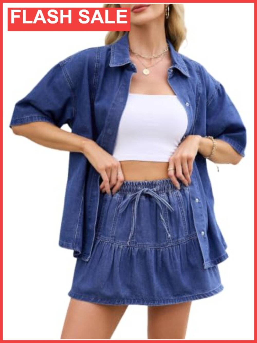Women's Denim Two Piece Set Button Down Shirt Mini Skirt Shorts
